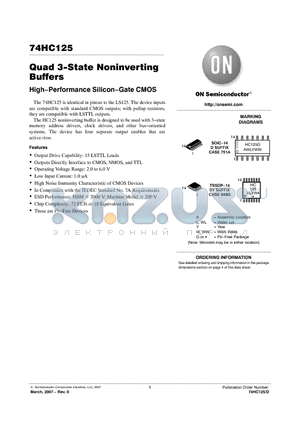 74HC125DTR2G datasheet - Quad 3−State Noninverting Buffers