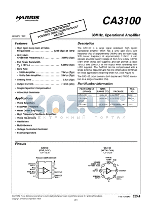 CA3100 datasheet - 38MHz, Operational Amplifier
