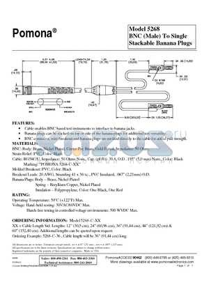 5268 datasheet - BNC (Male) To Single Stackable Banana Plugs