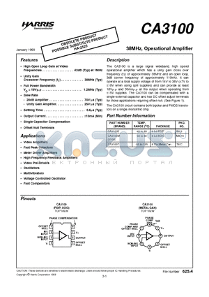 CA3100T datasheet - 38MHz, Operational Amplifier