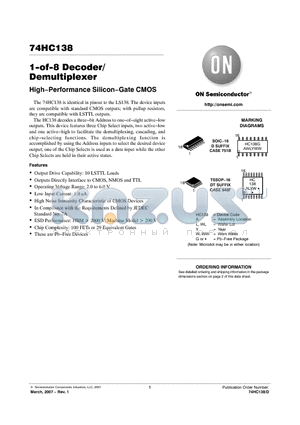 74HC138 datasheet - 1−of−8 Decoder/ Demultiplexer High−Performance Silicon−Gate CMOS