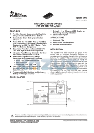 BQ2083DBT datasheet - SBS-COMPLIANT GAS GAUGE IC FOR USE WITH THE bp29311