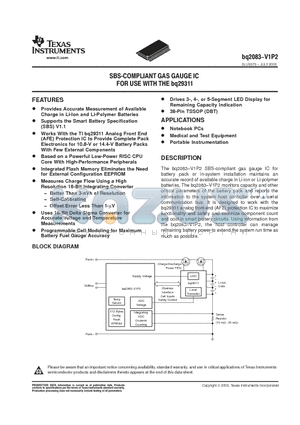 BQ2083DBTR-V1P3 datasheet - SBS-COMPLIANT GAS GAUGE IC FOR USE WITH THE bp29311