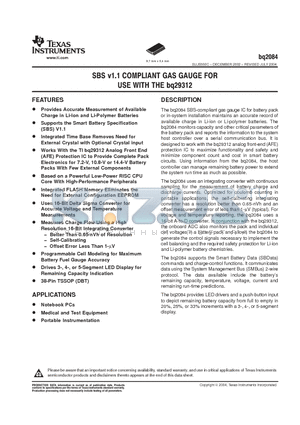 BQ2084 datasheet - SBS v1.1 COMPLIANT GAS GAUGE FOR USE WITH THE BQ29312