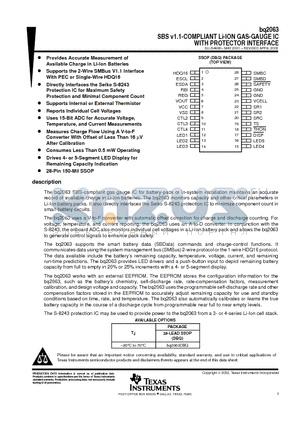 BQ2063 datasheet - SBS v1.1-COMPLIANT Li-ION GAS-GAUGE IC WITH PROTECTOR INTERFACE