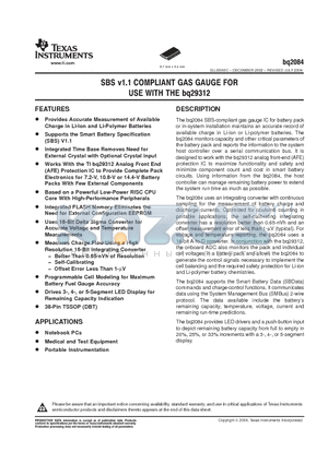 BQ2084DBT datasheet - SBS v1.1 COMPLIANT GAS GAUGE FOR USE WITH THE BQ29312