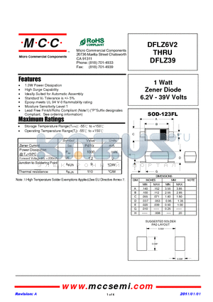 DFLZ11 datasheet - 1 Watt Zener Diode 6.2V - 39V Volts