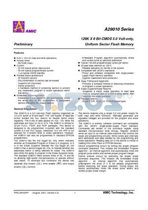 A29010L-70 datasheet - 128K X 8 Bit CMOS 5.0 Volt-only, Uniform Sector Flash Memory