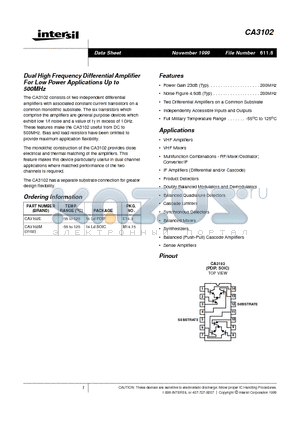 CA3102 datasheet - Dual High Frequency Differential Amplifier For Low Power Applications Up to 500MHz