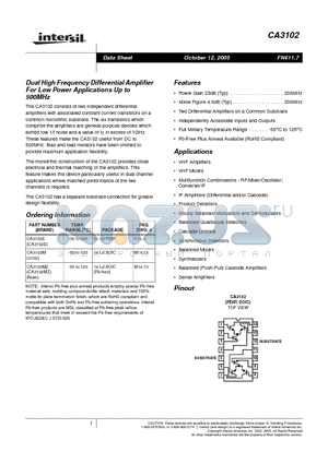 CA3102 datasheet - Dual High Frequency Differential Amplifier For Low Power Applications Up to 500MHz