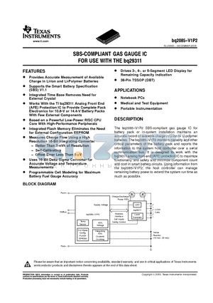 BQ2085DBT-V1P2G4 datasheet - SBS-COMPLIANT GAS GAUGE IC FOR USE WITH THE bq29311