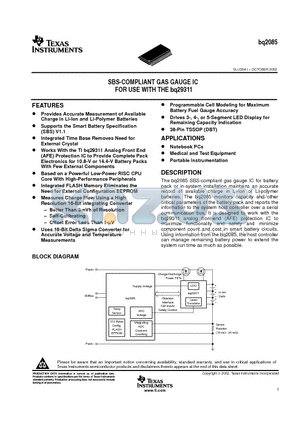 BQ2085 datasheet - SBS-COMPLIANT GAS GAUGE IC FOR USE WITH THE bq29311