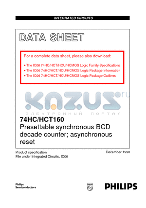 74HC160N datasheet - Presettable synchronous BCD decade counter; asynchronous reset