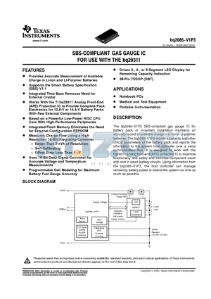 BQ2085DBT-V1P3G4 datasheet - SBS-COMPLIANT GAS GAUGE IC FOR USE WITH THE bq29311