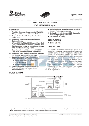 BQ20851 datasheet - SBS COMPLIANT GAS GAUGE IC FOR USE WITH THE BQ29311