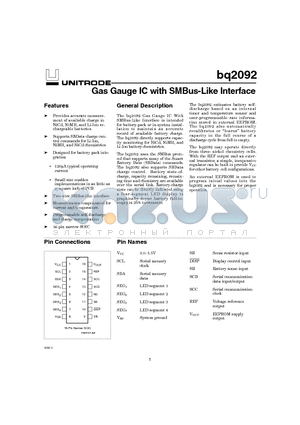 BQ2092SN datasheet - Gas Gauge IC with SMBus-Like Interface