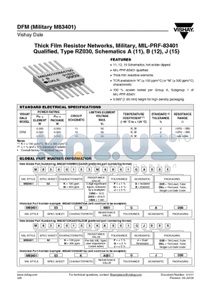DFM datasheet - Thick Film Resistor Networks, Military, MIL-PRF-83401 Qualified, Type RZ030, Schematics A (11), B (12), J (15)