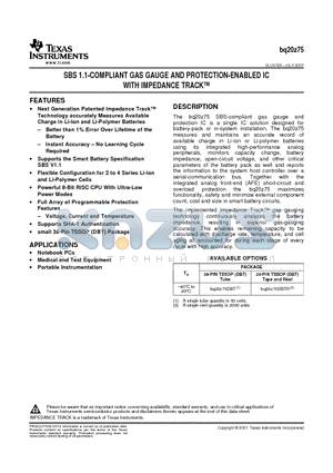 BQ20Z75 datasheet - SBS 1.1-COMPLIANT GAS GAUGE AND PROTECTION-ENABLED IC WITH IMPEDANCE TRACK