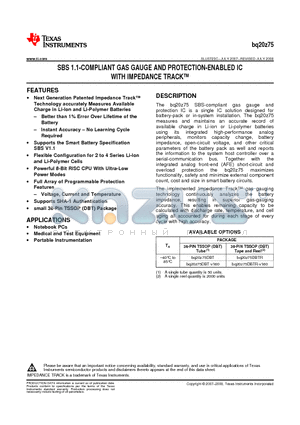 BQ20Z75DBTR datasheet - SBS 1.1-COMPLIANT GAS GAUGE AND PROTECTION-ENABLED IC WITH IMPEDANCE TRACK