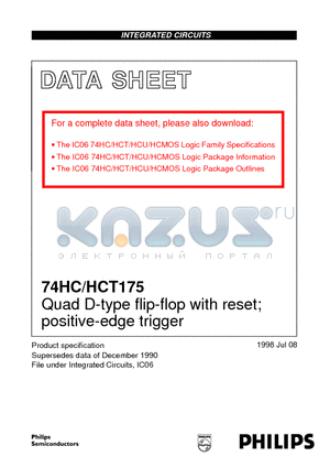 74HC175N datasheet - Quad D-type flip-flop with reset; positive-edge trigger