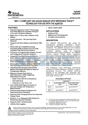 BQ20Z80 datasheet - SBS 1.1-COMPLIANT GAS GAUGE ENABLED WITH IMPEDANCE TRACK TECHNOLOGY FOR USE WITH THE bq29312A