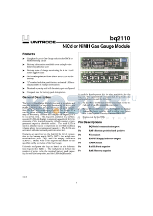 BQ2110 datasheet - NiCd or NiMH Gas Gauge Module