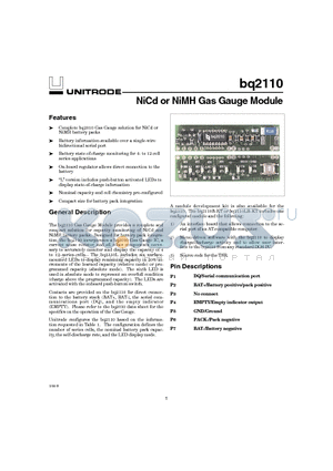 BQ2110LBKT datasheet - NiCd or NiMH Gas Gauge Module