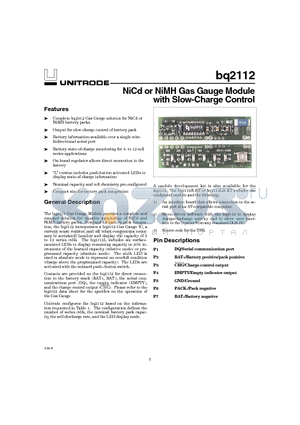 BQ2112BKT datasheet - NiCd or NiMH Gas Gauge Module with Slow-Charge Control