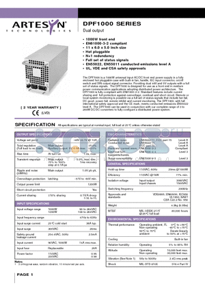 DFP1000 datasheet - Dual output 1000 Watt AC/DC PFC front-end for distributed power architectures