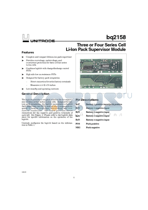 BQ2158 datasheet - Three or Four Series Cell Li-Ion Pack Supervisor Module