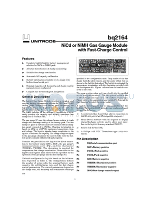 BQ2164B-KT datasheet - NiCd or NiMH Gas Gauge Module with Fast-Charge Control