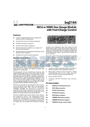 BQ2164B-XXX datasheet - NiCd or NiMH Gas Gauge Module with Fast-Charge Control