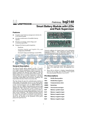 BQ2148B-XXX datasheet - Smart Battery Module with LEDs and Pack Supervisor