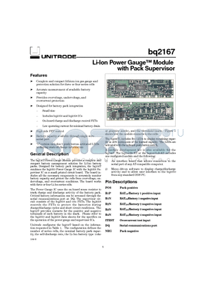 BQ2167 datasheet - Li-Ion Power Gauge Module with Pack Supervisor