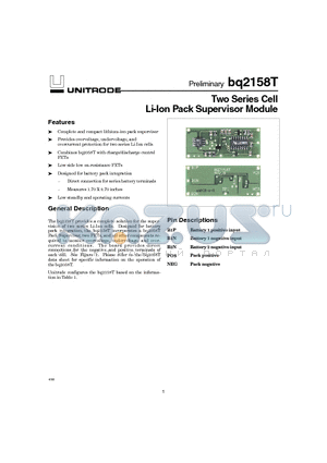 BQ2158T datasheet - Two Series Cell Li-Ion Pack Supervisor Module