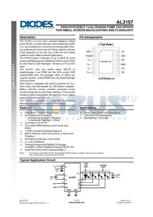 AL3157 datasheet - HIGH EFFICIENCY 1x/2x CHARGE PUMP LED DRIVER  FOR SMALL SCREEN BACKLIGHTING