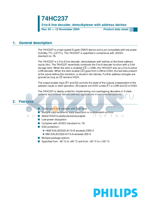 74HC237N datasheet - 3-to-8 line decoder, demultiplexer with address latches