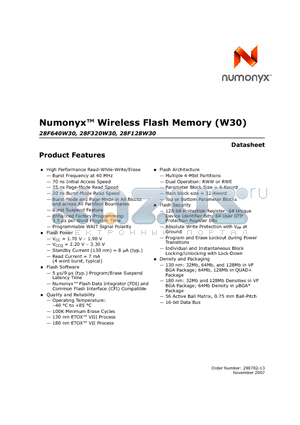 28F128W30 datasheet - Numonyx Wireless Flash Memory (W30)