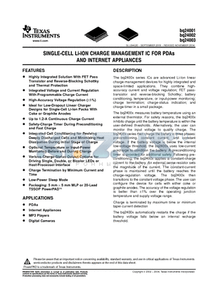 BQ24001PWP datasheet - SINGLE-CELL LI-ION CHARGE MANAGEMENT ICFOR PDAS