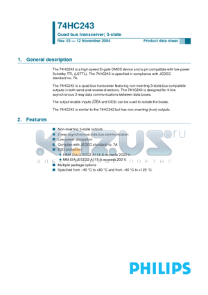 74HC243N datasheet - Quad bus transceiver; 3-state