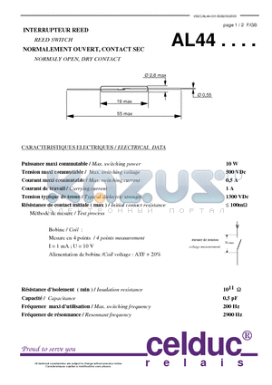 AL44 datasheet - REED SWITCH NORMALY OPEN, DRY CONTACT