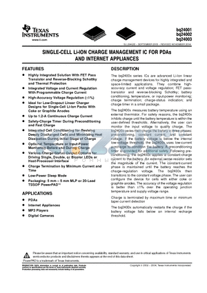 BQ24003 datasheet - SINGLE-CELL LI-ION CHARGE MANAGEMENT ICFOR PDAS