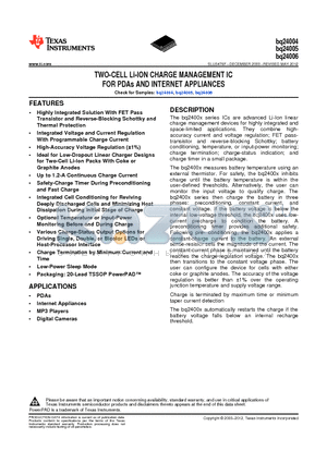 BQ24004PWP datasheet - TWO-CELL Li-ION CHARGE MANAGEMENT IC