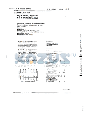 CA3138A datasheet - High-Current, High-Beta N-P-N Transistor Arrays