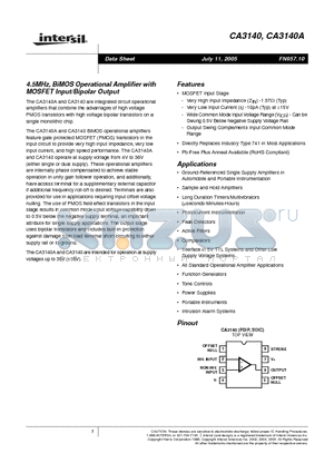 CA3140A datasheet - 4.5MHz, BiMOS Operational Amplifier with MOSFET Input/Bipolar Output