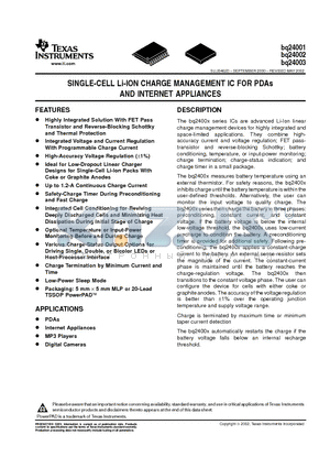 BQ24003RGW datasheet - SINGLE-CELL Li-ION CHARGE MANAGEMENT IC FOR PDAs AND INTERNET APPLIANCES