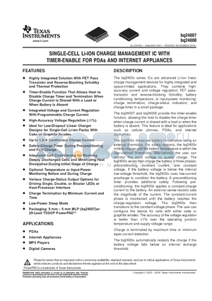 BQ24007 datasheet - SINGLE CELL LI ION CHARGE MANAGEMENT IC WITH TIMER ENABLE FOR PDAS AND INTERNET APPLIANCES