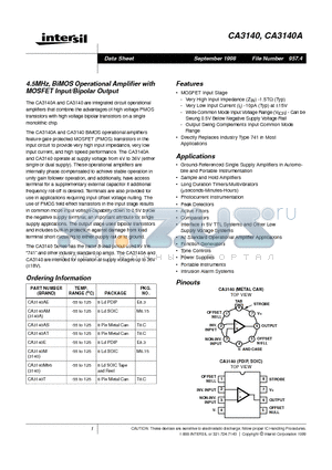 CA3140M96 datasheet - 4.5MHz, BiMOS Operational Amplifier with MOSFET Input/Bipolar Output