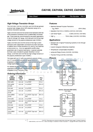 CA3146AE datasheet - High-Voltage Transistor Arrays