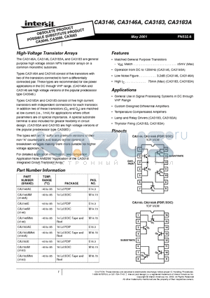 CA3146AM datasheet - High-VoltageTransistorArrays